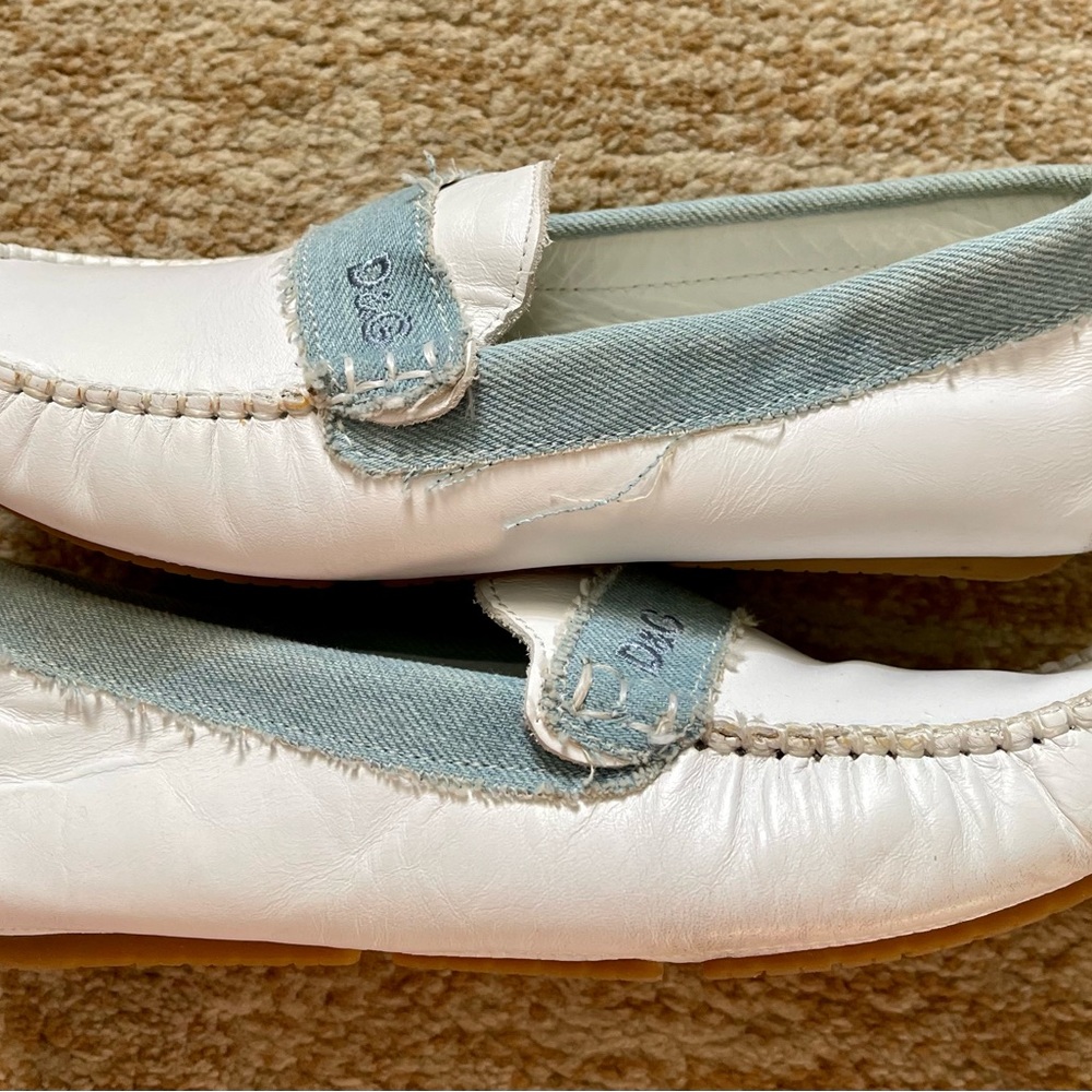 D&G junior boys White Leather And Light Blue Denim shoes Moccasins Size 6.  EU36